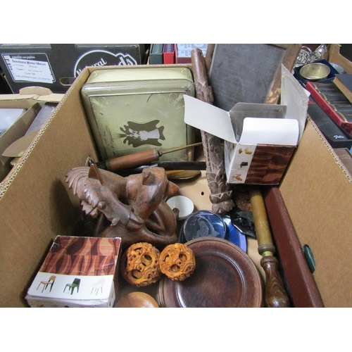 308 - BOX OF MISC TO INCL CARVED WOODEN ORNAMENTS, PUZZLE BALLS ETC