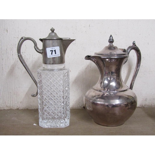 71 - SILVER PLATED CLARET JUG, GLASS CLARET JUG WITH PLATED MOUNT