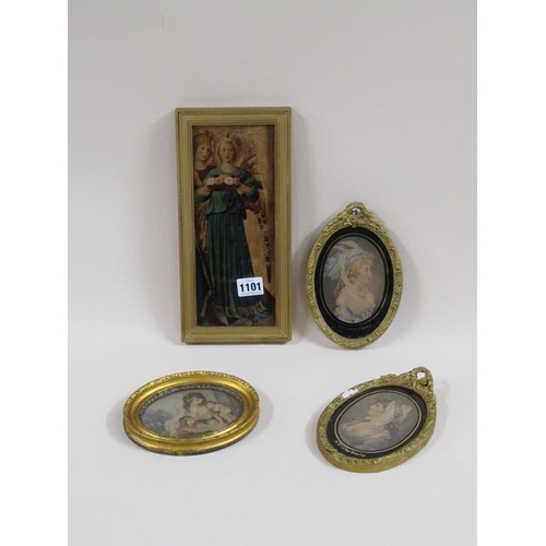 1101 - FOUR 19C GILT FRAMED COLOURED PRINTS - THREE OVAL FRAMED OF LADIES AND CHILDREN & ONE OF THE ARC ANG... 