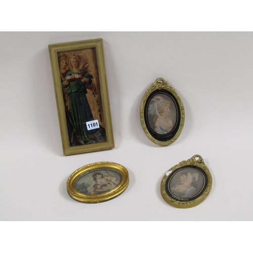 1101 - FOUR 19C GILT FRAMED COLOURED PRINTS - THREE OVAL FRAMED OF LADIES AND CHILDREN & ONE OF THE ARC ANG... 