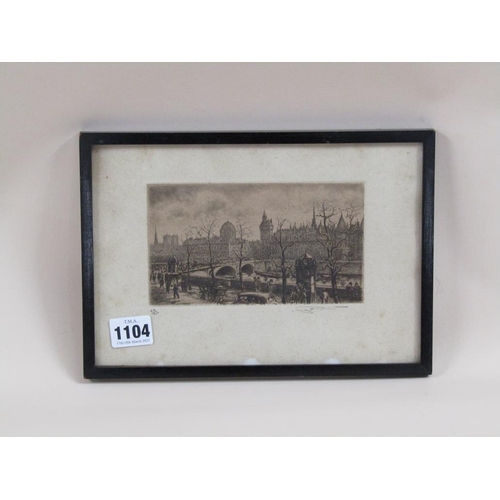 1104 - EARLY 20C B&W ENGRAVING - THE RIVER SEINE, PARIS, F/G, 17CM X 24CM