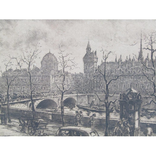 1104 - EARLY 20C B&W ENGRAVING - THE RIVER SEINE, PARIS, F/G, 17CM X 24CM