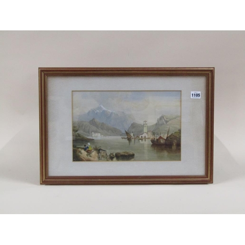 1105 - SIGNED IN MONO H.D 77 - CONTINENTAL RIVERSCAPE WITH DISTANT MOUNTAINS AND TWO FIGURES, WATERCOLOUR, ... 