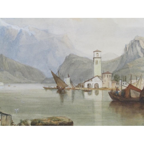 1105 - SIGNED IN MONO H.D 77 - CONTINENTAL RIVERSCAPE WITH DISTANT MOUNTAINS AND TWO FIGURES, WATERCOLOUR, ... 