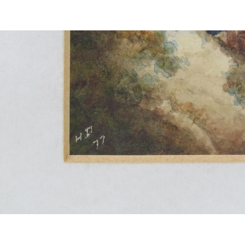 1105 - SIGNED IN MONO H.D 77 - CONTINENTAL RIVERSCAPE WITH DISTANT MOUNTAINS AND TWO FIGURES, WATERCOLOUR, ... 