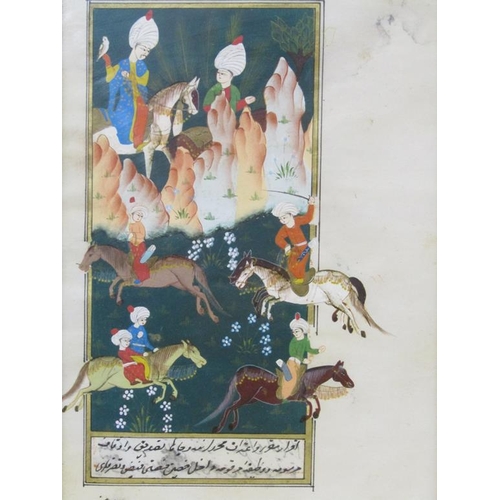 1108 - SERIES OF FOUR PERSIAN WATERCOLOURS WITH PEN AND INK SCRIPT, EACH DEPICTING SPORTING AND DOMESTIC SC... 