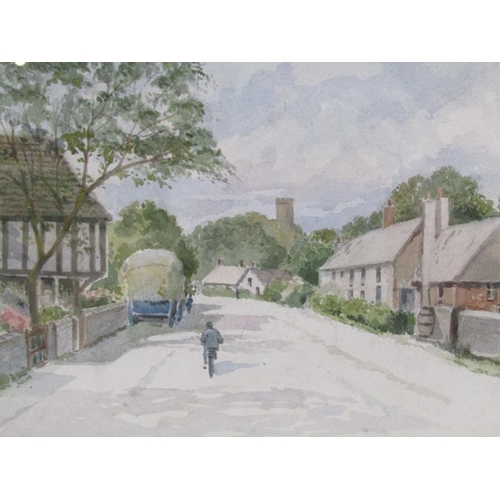 1109 - UNSIGNED EARLY 20C - CYCLIST AND HAY CART ON VILLAGE STREET, F/G, 19CM X 31CM