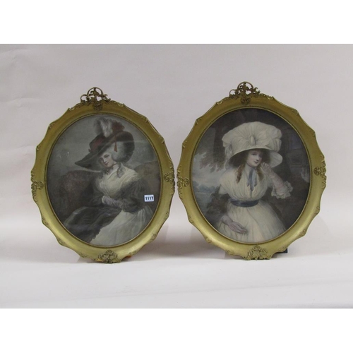 1117 - PAIR, VICTORIAN COLOURED PRINTS - LADIES WITH LARGE HATS, EACH OVAL F/G, 45CM X 39CM