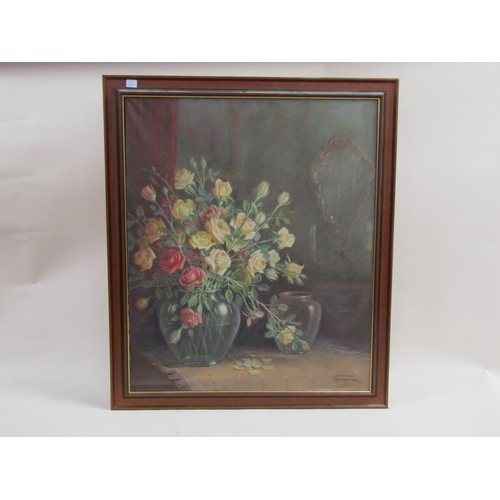 1118A - LYN HERMES, VASE OF ROSES SIGNED OIL ON CANVAS, FRAMED 95 x 75 cms