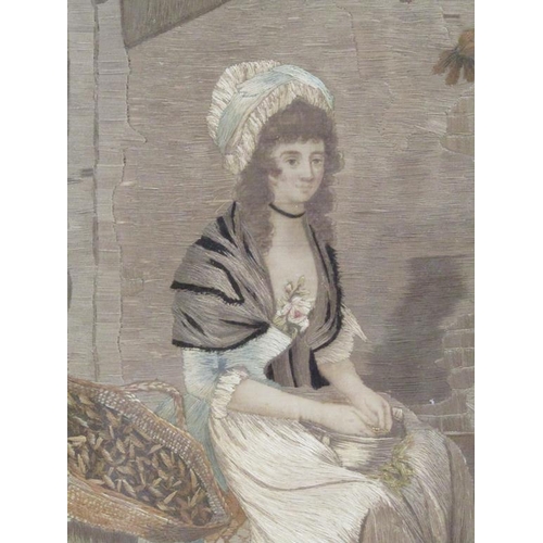 1120A - 19c SILKWORK OVAL PICTURE OF LADY SITTING ON A GARDEN BENCH, OVAL F/G 43 x 35 cms