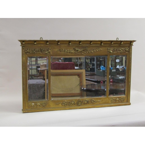 1123 - GILT FRAMED TRIPLE PLATE 19C OVERMANTEL MIRROR, 68CM X 117CM