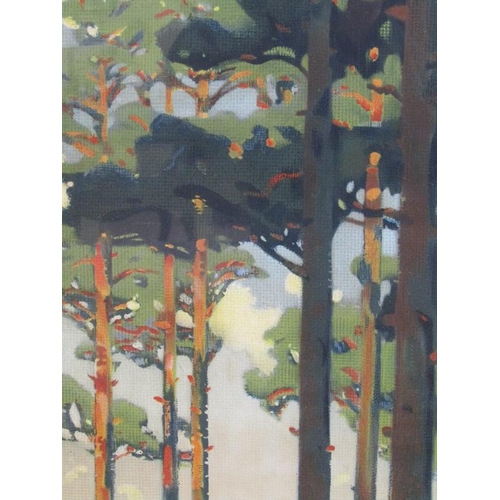 1125 - ART DECO PERIOD PAINTING OF PINE TREES WITH DISTANT VALE BEYOND, F/G, 91CM X 59CM