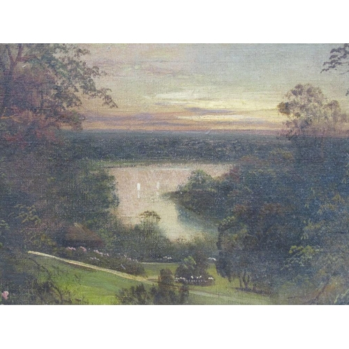 1127 - UNSIGNED 19C - PARKLAND AND RIVER, OIL ON CANVAS, FRAMED, 20CM X 30CM