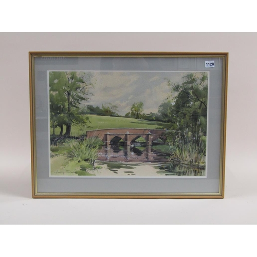 1128 - HARRY SHELDON - WATER END BRIDGE, SIGNED WATERCOLOUR, F/G, 36CMX 54CM