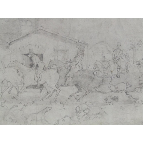 1131 - PENCIL SKETCH - A HUNT CAUSING CHAOS, DATED 1887, F/G, 20CM X 33CM