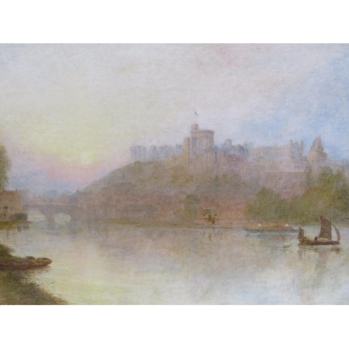 1139 - R.D ELMORE 1980 - SUNRISE THROUGH THE MISTS AT WINDSOR CASTLE WITH RIVER THAMES IN FOREGROUND, SIGNE... 