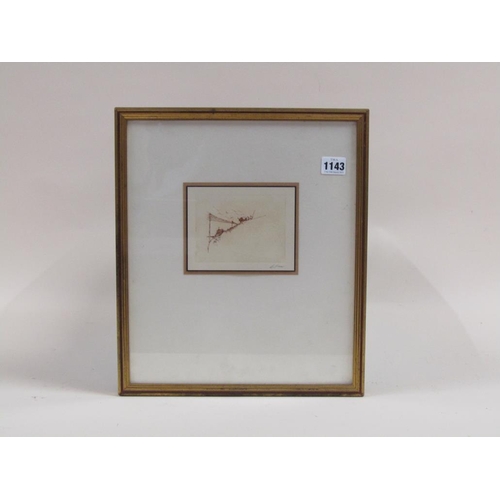 1143 - SIGNED INDISTINCTLY IN PENCIL - SEPIA ENGRAVING, CATTLE DROVING ON A HILLSIDE, F/G, 11CM X 14CM