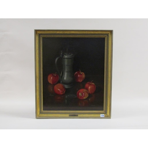 1145 - BAILEY - STILL LIFE, PEWTER TANKARD AND APPLES, SIGNED OIL ON CANVAS, FRAMED, 60CM X 50CM