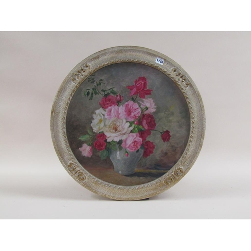 1146 - STEFANIE VON WEILLER - VASE OF ROSES, SIGNED CIRCULAR OIL ON BOARD, FRAMED, 49CM X 49CM