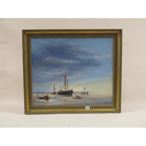 1151 - WESTON 1978 - FISHING VESSELS AT LOW TIDE, SIGNED, OIL ON CANVAS, FRAMED, 50CM X 60CM