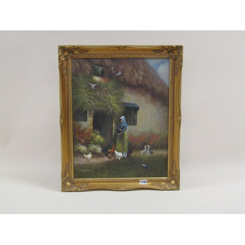 1152 - B MORLEY - FEEDING THE CHICKENS AND GEESE, SIGNED OIL ON CANVAS, FRAMED, 50CM X 40CM