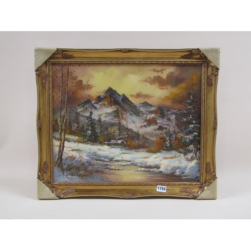 1155 - J HIRST - ALPINE LANDSCAPE IN WINTER, SIGNED, OIL ON CANVAS, FRAMED, 40CM X 49CM