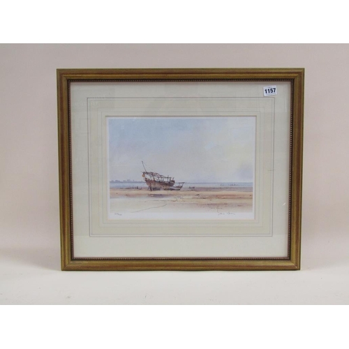 1157 - F/G LIMITED EDITION PRINT - ORIENTAL VESSEL BEACHED AT LOW TIDE, 25CM X 36CM