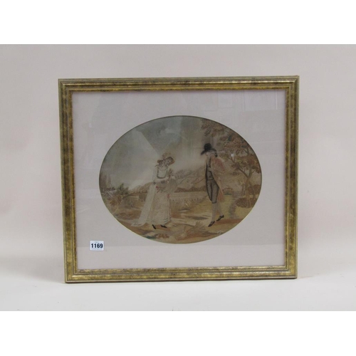 1169 - EARLY 19c OVAL SILKWORK PICTURE, LADY AND GENT IN A HARVEST FIELD F/G 29 x 37cms