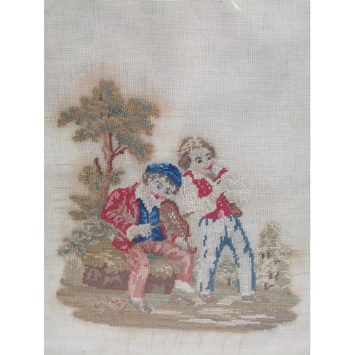 1171 - TWO 19c NEEDLEWORK PICTURES, LADY ON A PATHWAY AND TWO CHILDREN, ONE PLAYING THE VIOLIN - EACH F/G A... 