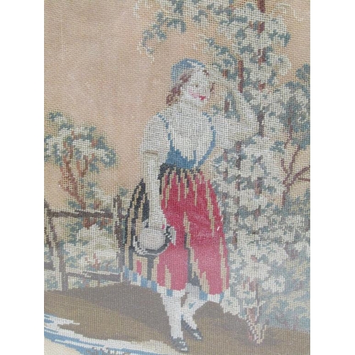 1171 - TWO 19c NEEDLEWORK PICTURES, LADY ON A PATHWAY AND TWO CHILDREN, ONE PLAYING THE VIOLIN - EACH F/G A... 