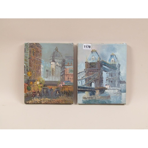 1178 - TWO OIL ON CANVAS, ONE OF CATHEDRAL CITY, THE OTHER TOWER BRIDGE - BOTH FRAMED 25 x 20 cms