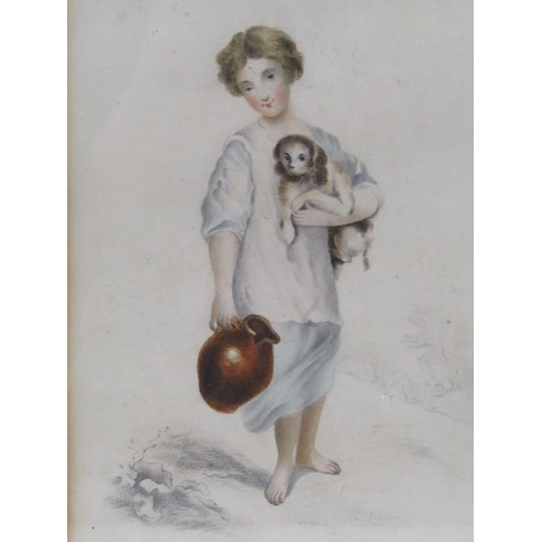 1183 - PAIR 19c WATERCOLOURS, LADY WITH DOG AND PITCHER AND A LADY LEANING ON FENCE, EACH F/G 18 x 13