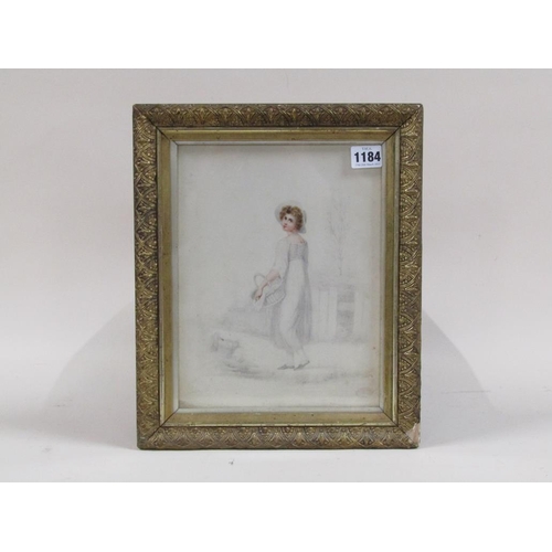 1184 - UNSIGNED 19c WATERCOLOUR SKETCH, LADY WITH BASKET F/G 27 x 20 cms