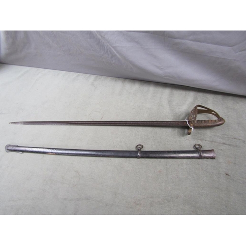 1227 - 19C OFFICERS SWORD WITH FULLERED BLADE, WIRE WHIPPED HANDLE AND OPEN GUARD, WITH STEEL SHEATH, 100CM... 