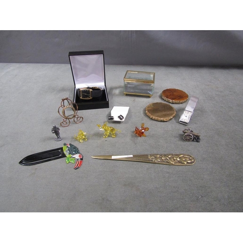 1475 - COLLECTION OF MISC. TO INCL CAST BRONZED LETTER OPENER, COMPACTS ETC