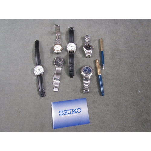 1476 - COLLECTION OF SIX MISC. GENTS WATCHES, TWO PENS