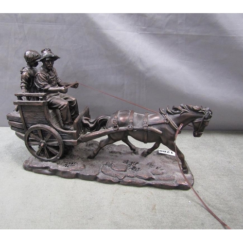 1280 - BRONZED RESIN SCULPTURE - HORSE AND CART, 35CM L