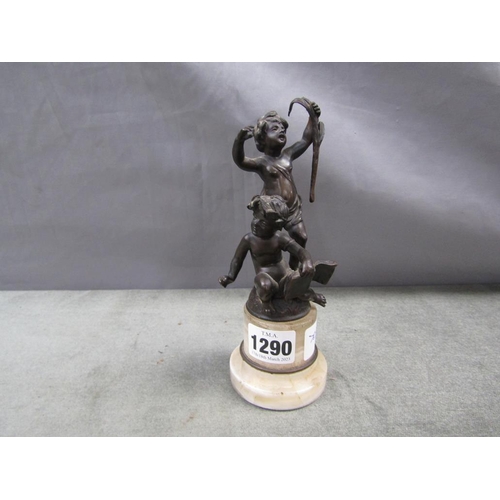 1290 - CAST BRONZED GROUP OF CHERUB ON MARBLE PLINTH, 20CM H