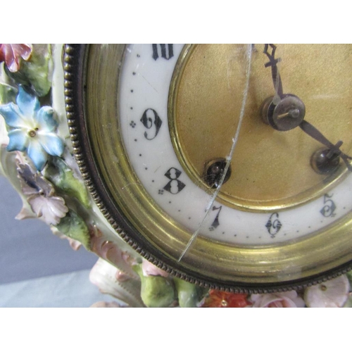 1293 - EARLY 20C PORCELAIN MANTEL CLOCK, DECORATED AND ENCRUSTED WITH FLOWERS AND CHERUBS, 40CM H