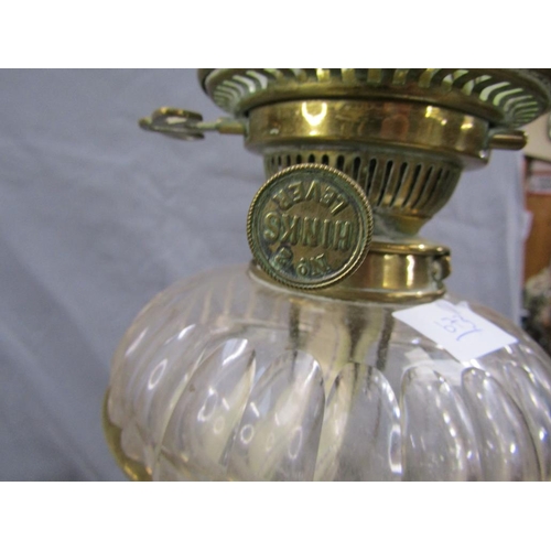 1302 - LARGE 19C BRASS OIL LAMP WITH GLASS FONT AND ETCHED SHADE, 94CM H TOTAL