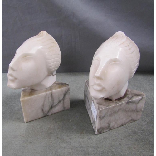 1303 - PAIR OF CARVED ALABASTER HEADS ON MARBLE BASES, 19CM H