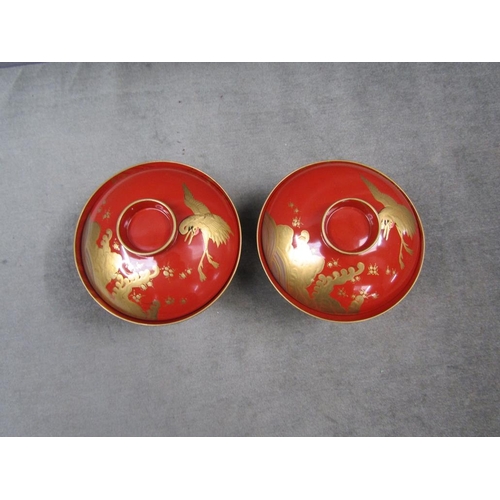 1306 - PAIR OF ORIENTAL LACQUERED GILT DECORATED BOWL ON STANDS - KOI CARP & BIRDS, BOWLS 13CM DIAM