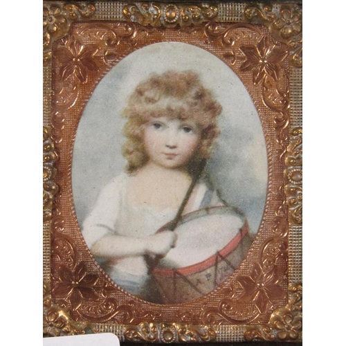 1314 - FRAMED OVAL MINIATURE PORTRAIT OF A YOUNG DRUMMER - SIR CHARLES KENT AS A CHILD BY ANDREW PLINER 178... 