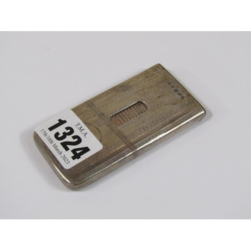 1324 - SILVER CARD HOLDER WITH ENGINE TURNED DECORATION AND PUSH RELEASE, 8.5CM L