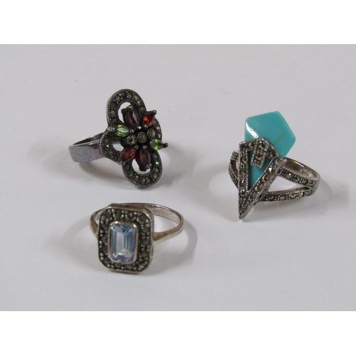 1329 - THREE BOXED SILVER MARQUEZITE COLOURED STONE SET RINGS