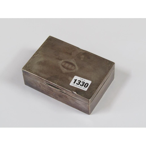 1330 - SILVER PRESENTATION CIGARETTE BOX WITH CHASED AND ENGINE TURNED DECORATION, 13CM W