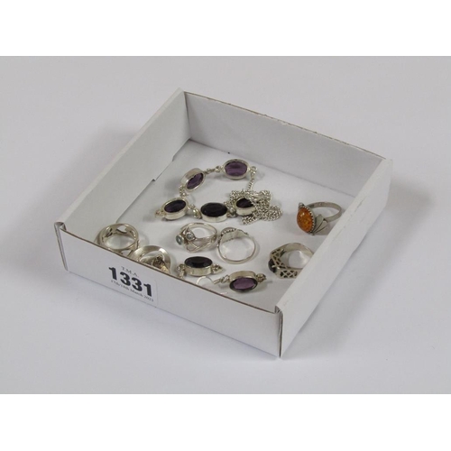 1331 - COLLECTION OF FIVE SILVER STONE SET RINGS, BROOCH; AMETHYST COLOURED STONE SET NECKLACE; PAIR OF EAR... 