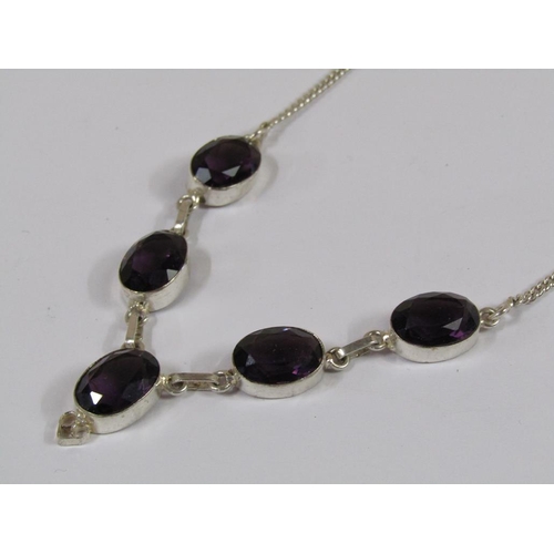 1331 - COLLECTION OF FIVE SILVER STONE SET RINGS, BROOCH; AMETHYST COLOURED STONE SET NECKLACE; PAIR OF EAR... 