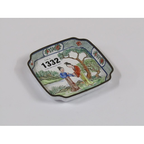 1332 - ORIENTAL ENAMEL DECORATED DISH, 10CM W