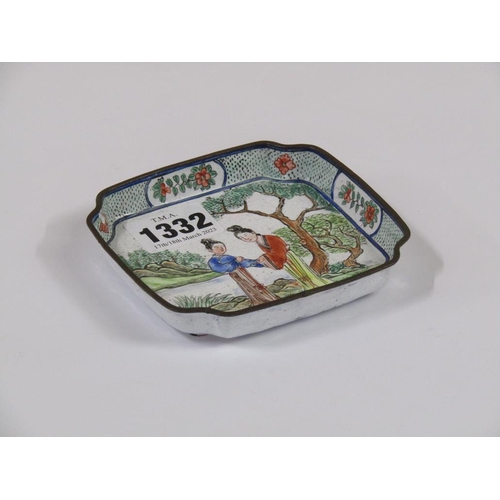 1332 - ORIENTAL ENAMEL DECORATED DISH, 10CM W